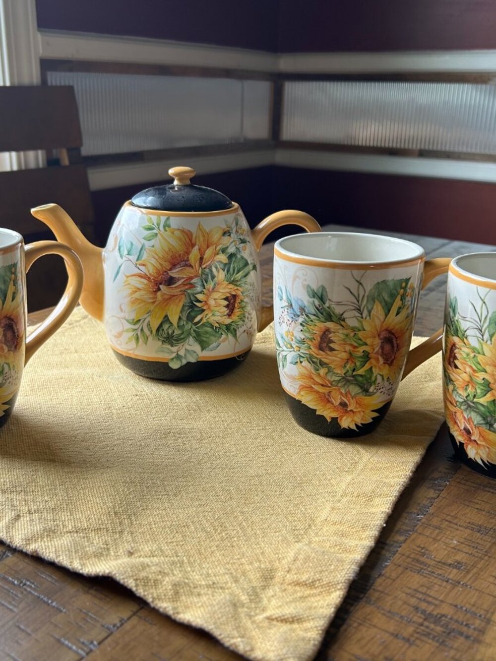 Certified International Sunflower Fields Teapot with 3 sunflower mugs 5